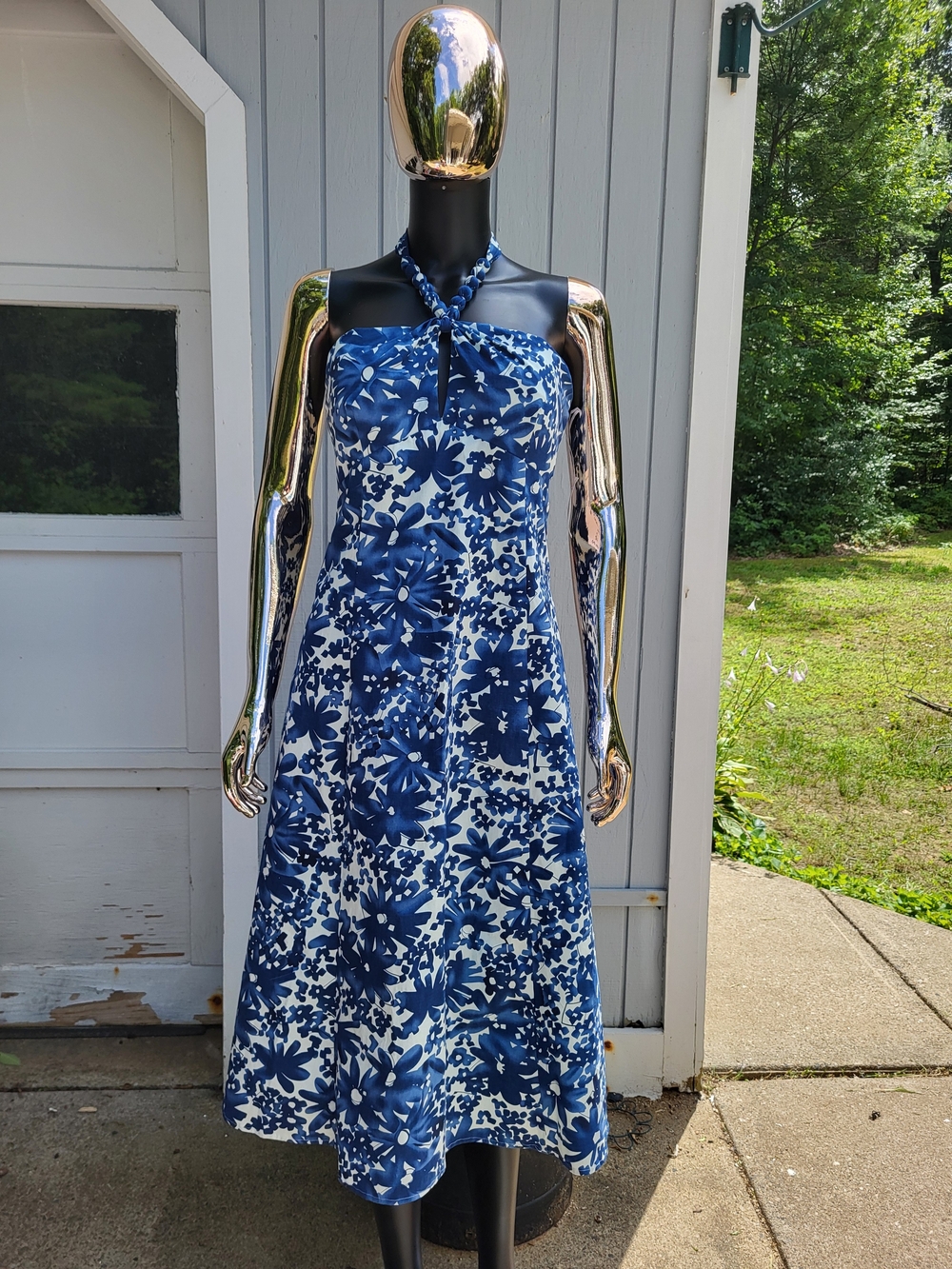 Blue White Floral Halter Neck Sleeveless Beaded Zip Lined A-Line Midi Dress | 12